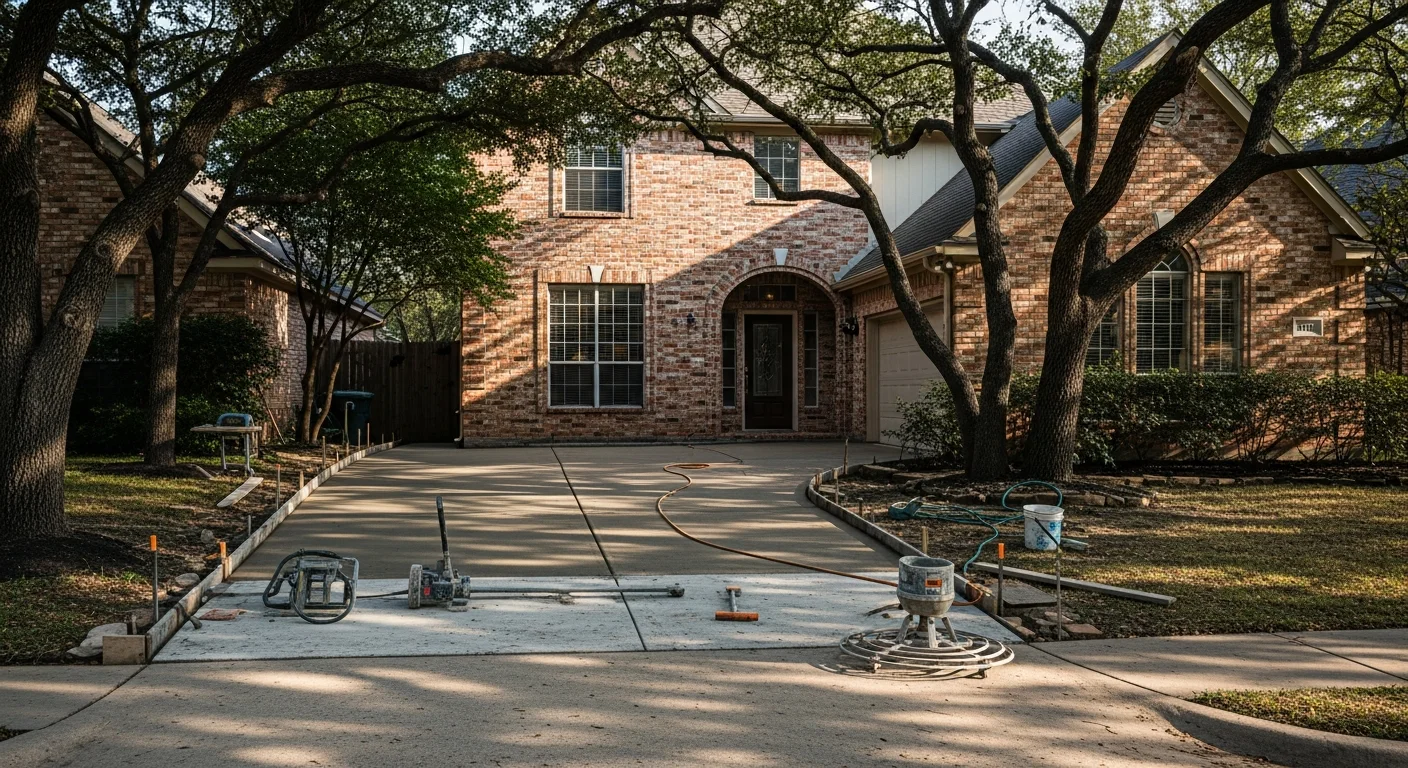 Professional crew working on residential home exterior in Richardson neighborhood with mature trees and brick facade.