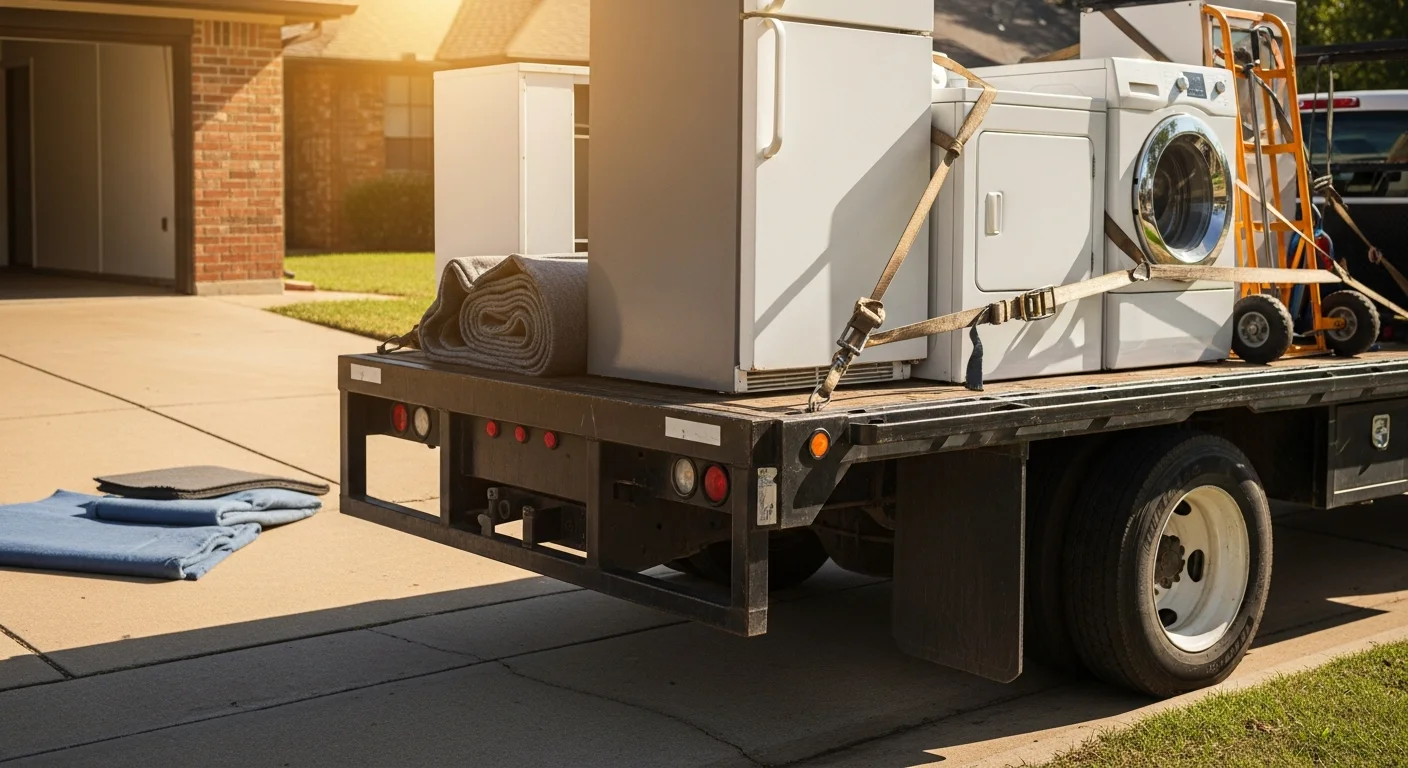 A crew member from Iron Wolf Construction loading a large residential appliance onto a hauling truck outside a single-family home in Richardson, TX. The cleared interior space is visible through the open doorway behind them.