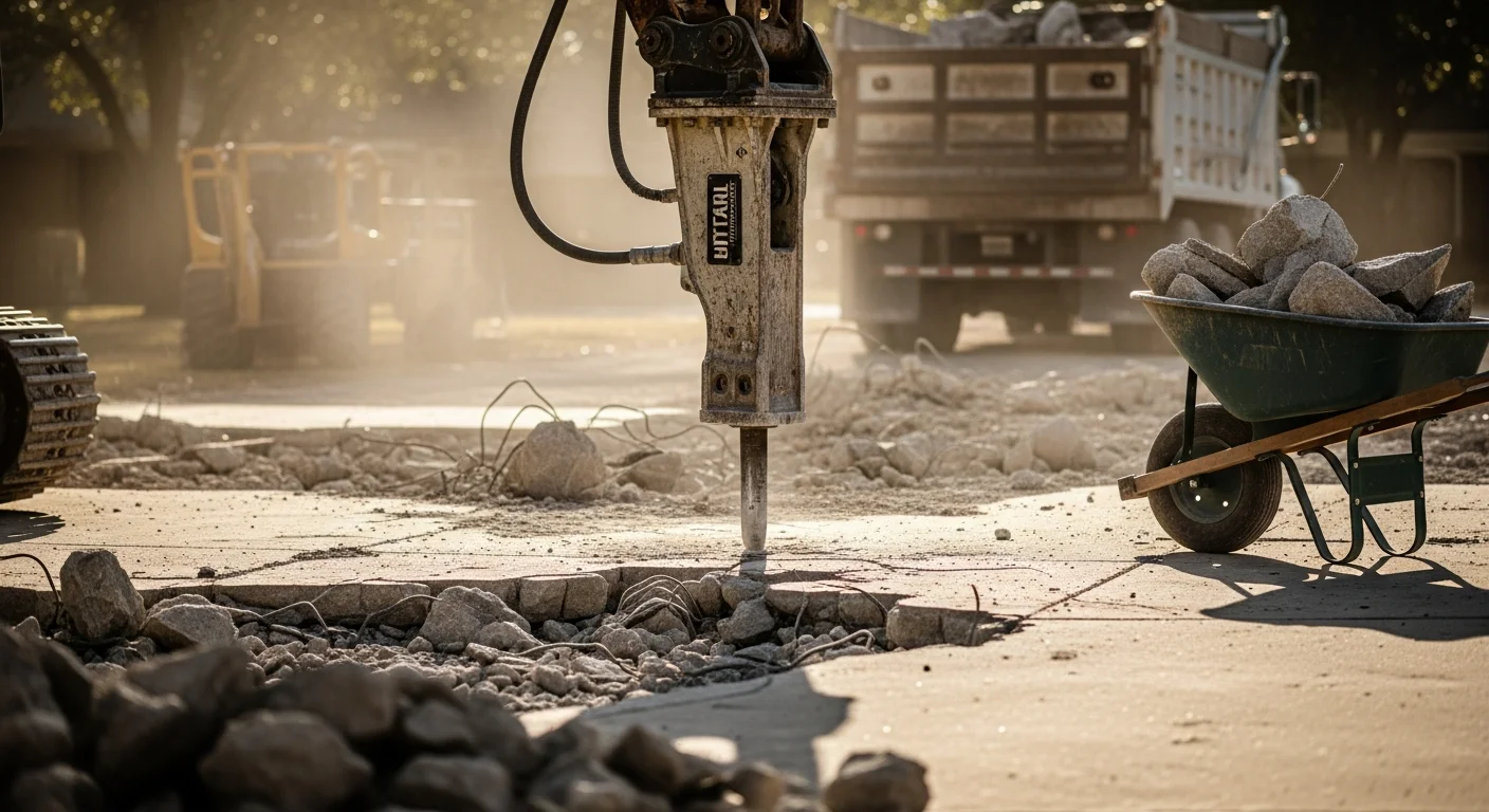 A concrete slab being broken apart by hydraulic demolition equipment on a residential property in Richardson, TX. Cracked concrete sections are staged for loading and removal, with the surrounding yard and structure left undisturbed.