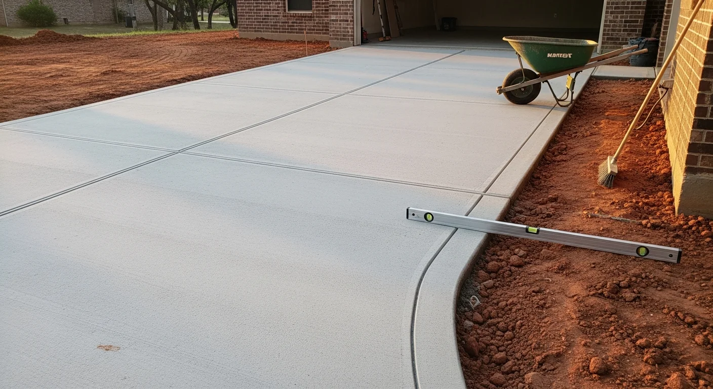 Freshly poured and finished concrete driveway at a Richardson, TX residential property, showing clean slab edges, a smooth broom-finish surface, and a two-car garage approach. The surrounding lawn and established neighborhood streetscape are visible in the background.