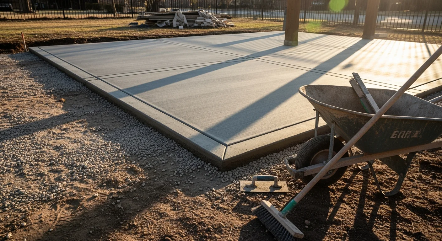 A finished concrete patio installed by Iron Wolf Construction at a residential home in Richardson, TX, showing a clean broom-finish slab with defined control joints and a backyard setting. The patio extends from the rear of a single-family home with a grassy yard visible at the edges.