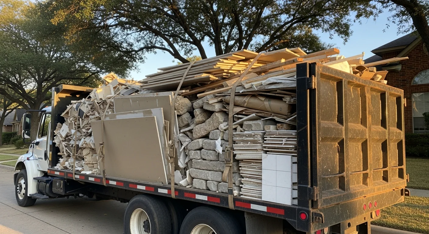 A cleared residential job site in Richardson, TX with stacked drywall scraps, lumber offcuts, and tile debris loaded into a hauling truck. An Iron Wolf Construction crew member stands near the truck bed on a concrete driveway after a remodel cleanup.