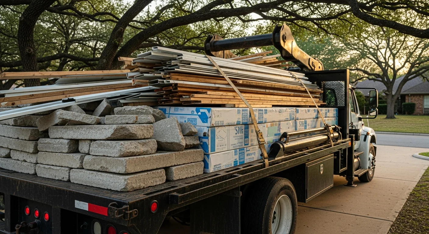 A cleared residential job site in Richardson, TX with an Iron Wolf Construction truck loaded with construction debris including wood framing scraps and drywall material. The driveway and surrounding lawn are free of waste following a debris hauling service.
