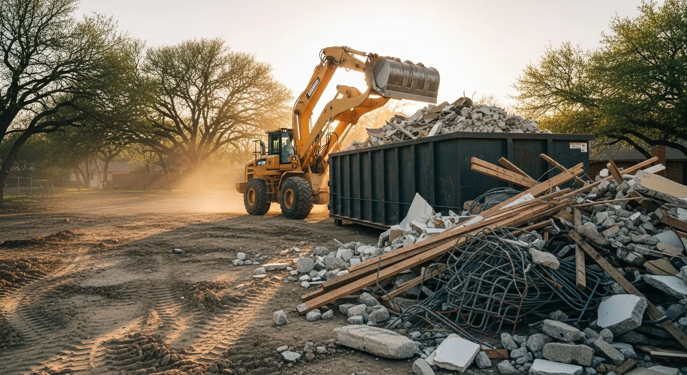A cleared Richardson, TX demolition site with a loaded debris haul truck parked alongside a residential structure footprint. Broken concrete, lumber scraps, and mixed C&D materials are staged for removal by an Iron Wolf Construction crew.
