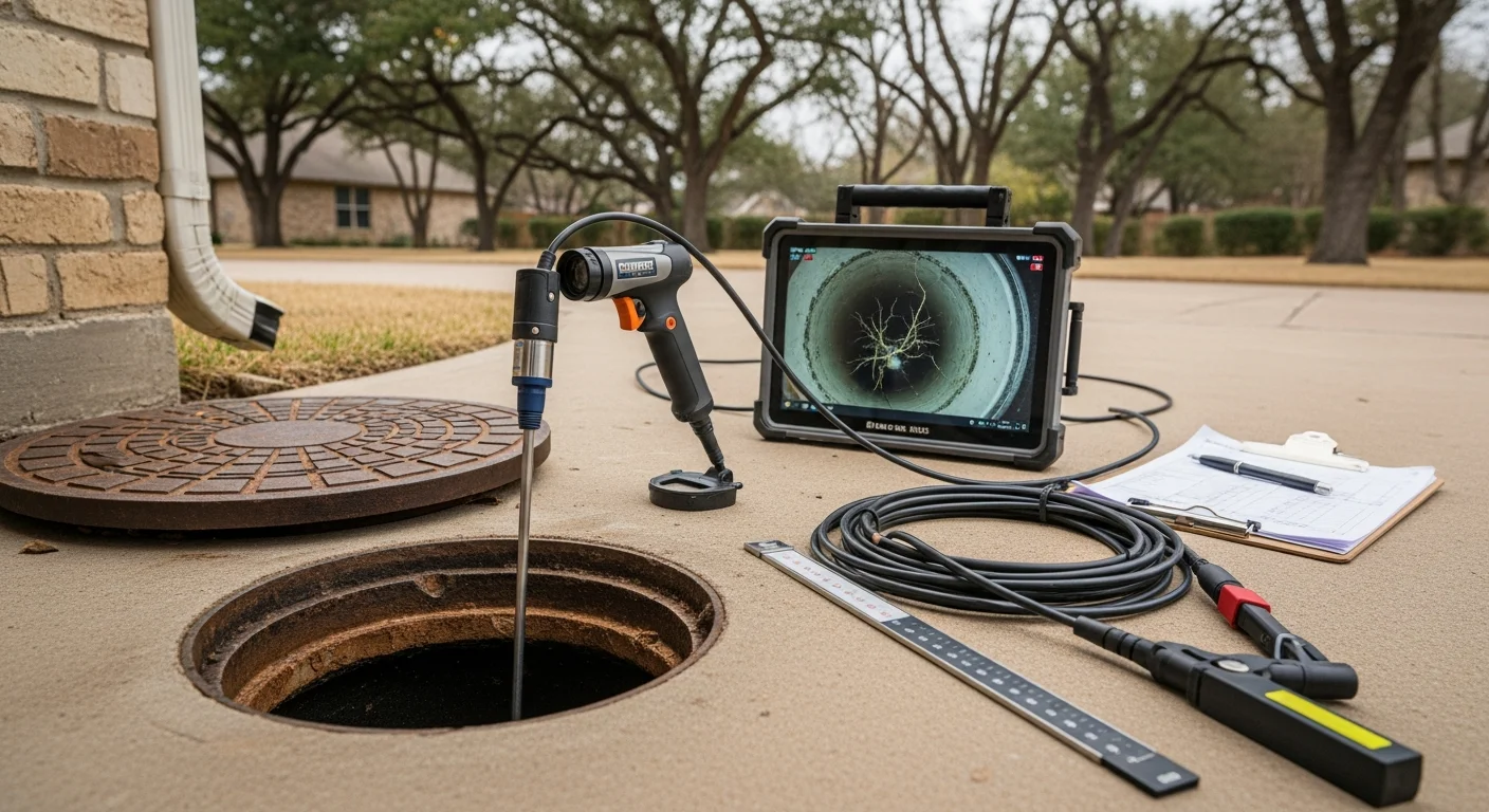 A drain inspection camera being fed into a residential cleanout access point at a Richardson, TX home. The monitor displays real-time footage of the interior pipe condition, showing buildup and a visible crack in the line.