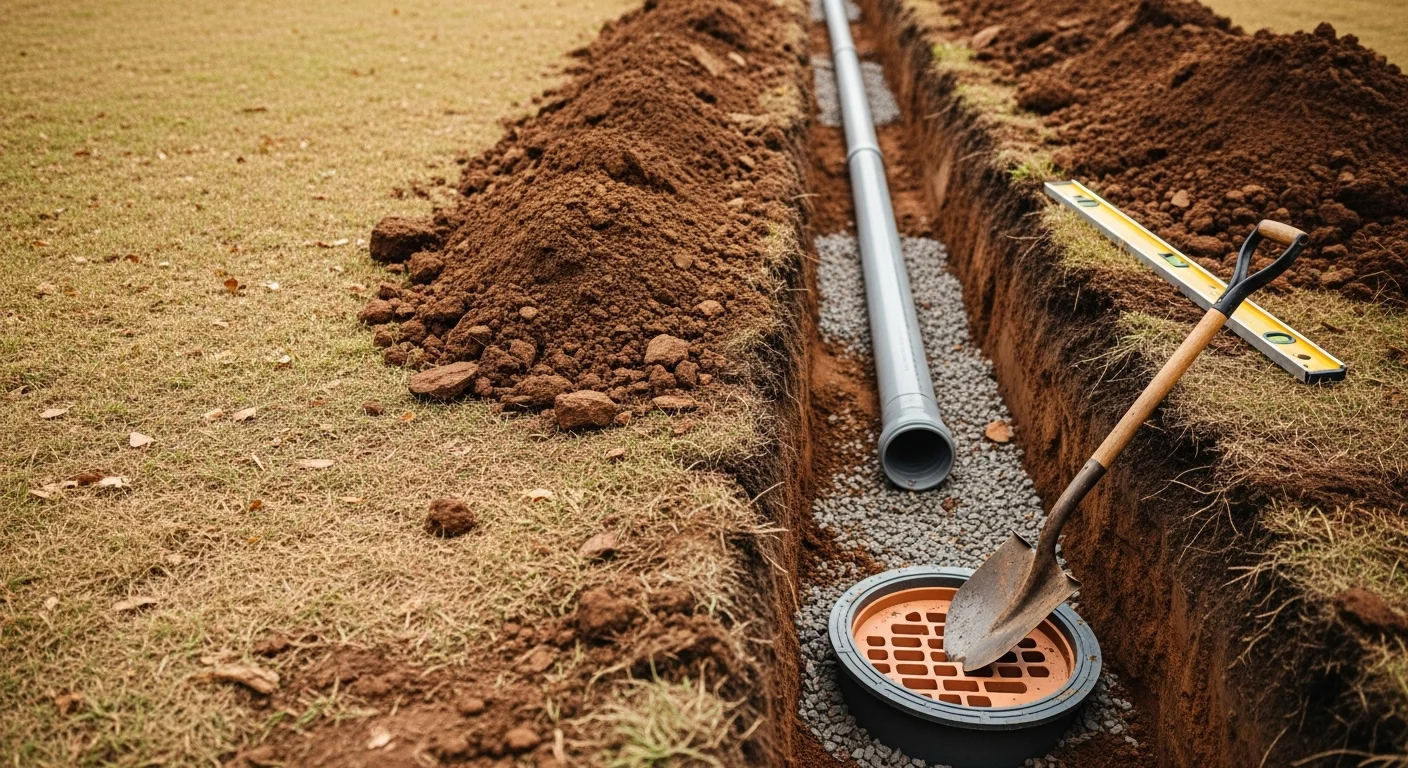 A newly installed underground drainage system in a Richardson, TX residential backyard, showing a catch basin set flush with the lawn and a cleanly graded surface directing water away from the home's foundation. The surrounding clay soil has been compacted and restored after pipe installation.