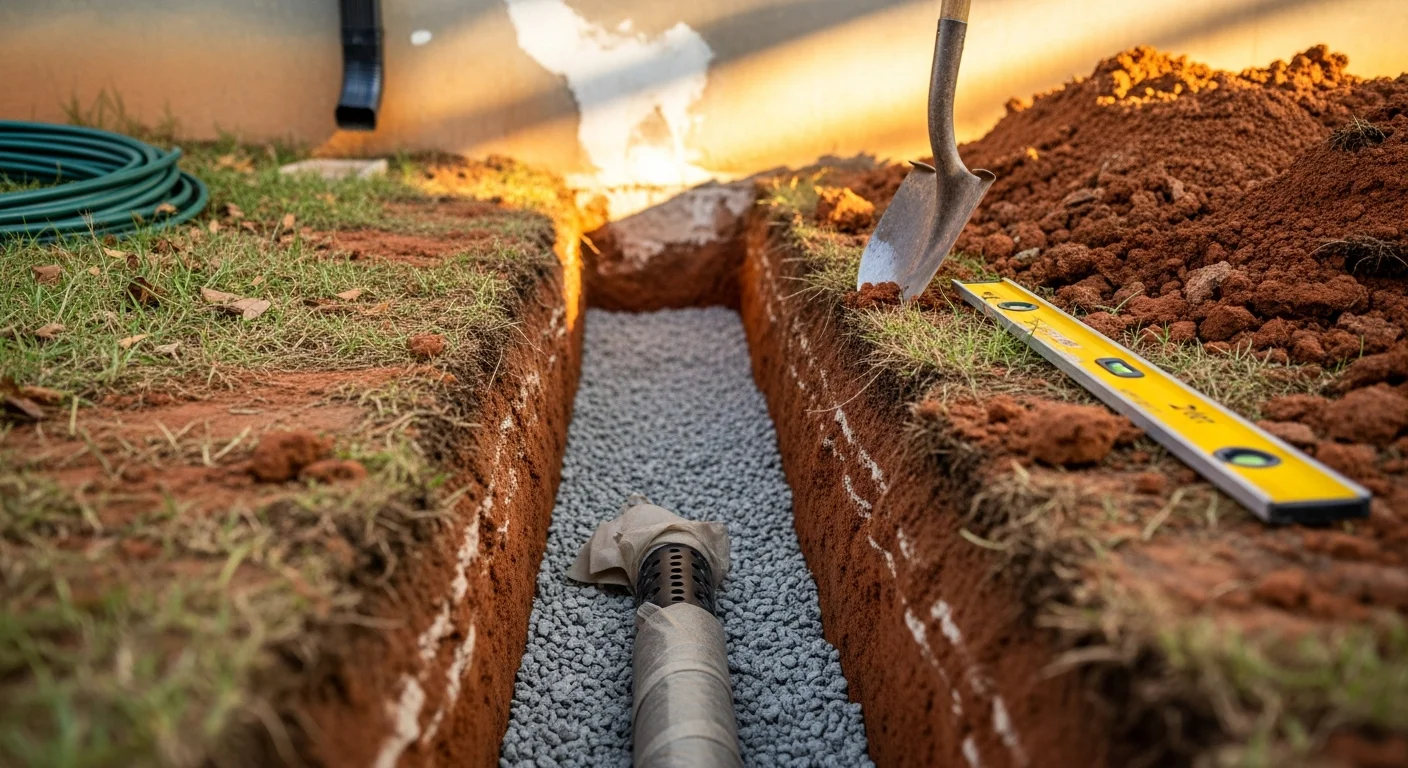 A completed French drain installation along the perimeter of a residential foundation in Richardson, TX, with gravel-filled trench and perforated pipe directing water away from the slab. The surrounding yard shows corrected grading sloping away from the home's foundation edge.