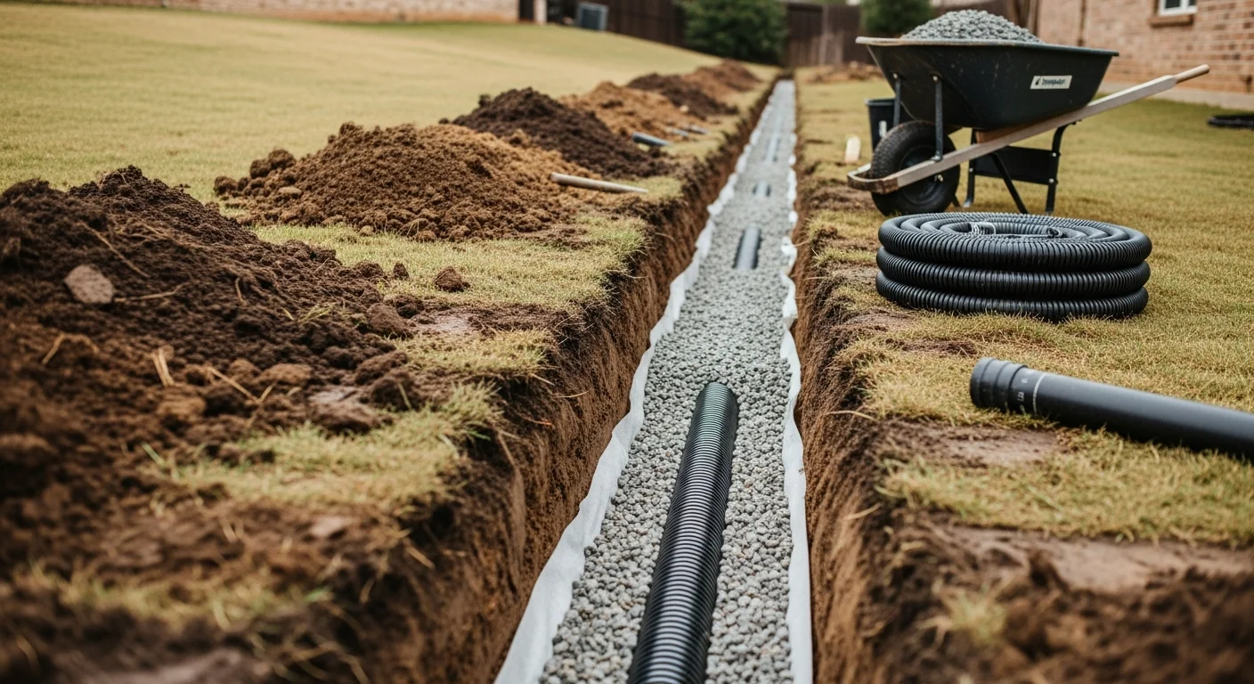 A completed French drain installation in a Richardson, TX residential backyard, showing a gravel-filled trench with a perforated pipe routed along the base of a fence line away from the home's slab foundation. The surrounding clay soil and flat North Texas yard layout are visible in the background.