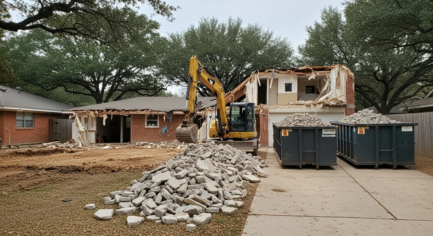 A cleared residential lot in Richardson, TX after full house demolition, with graded soil and surrounding mid-century neighborhood homes visible in the background. An Iron Wolf Construction excavator is staged at the edge of the lot following structure removal and debris cleanup.