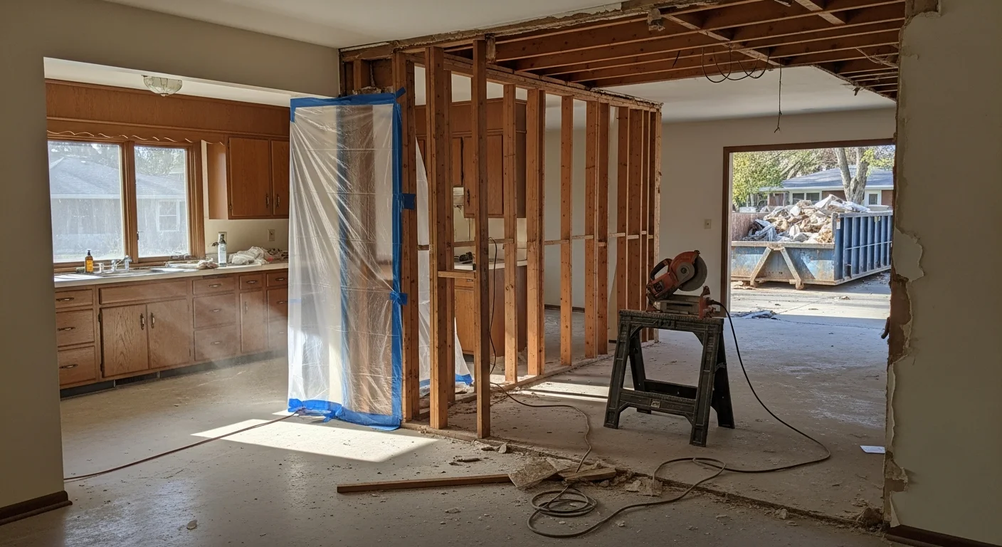 Interior demolition in progress inside a Richardson, TX home, with walls stripped to the studs and flooring removed in preparation for a full renovation. Dust barriers are visible at the doorway separating the work area from the rest of the house.