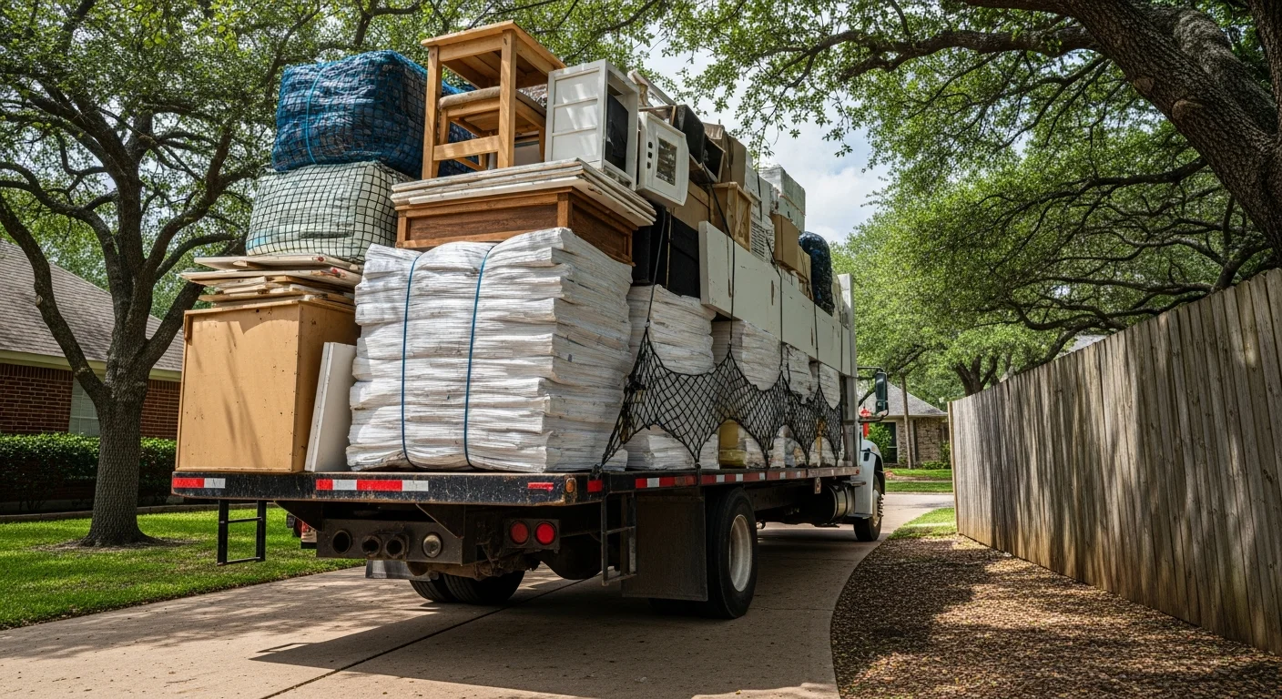 A cleared Richardson, TX residential property after junk removal, with an empty garage and driveway free of construction debris and old furniture. An Iron Wolf Construction truck is parked at the curb after completing the haul.