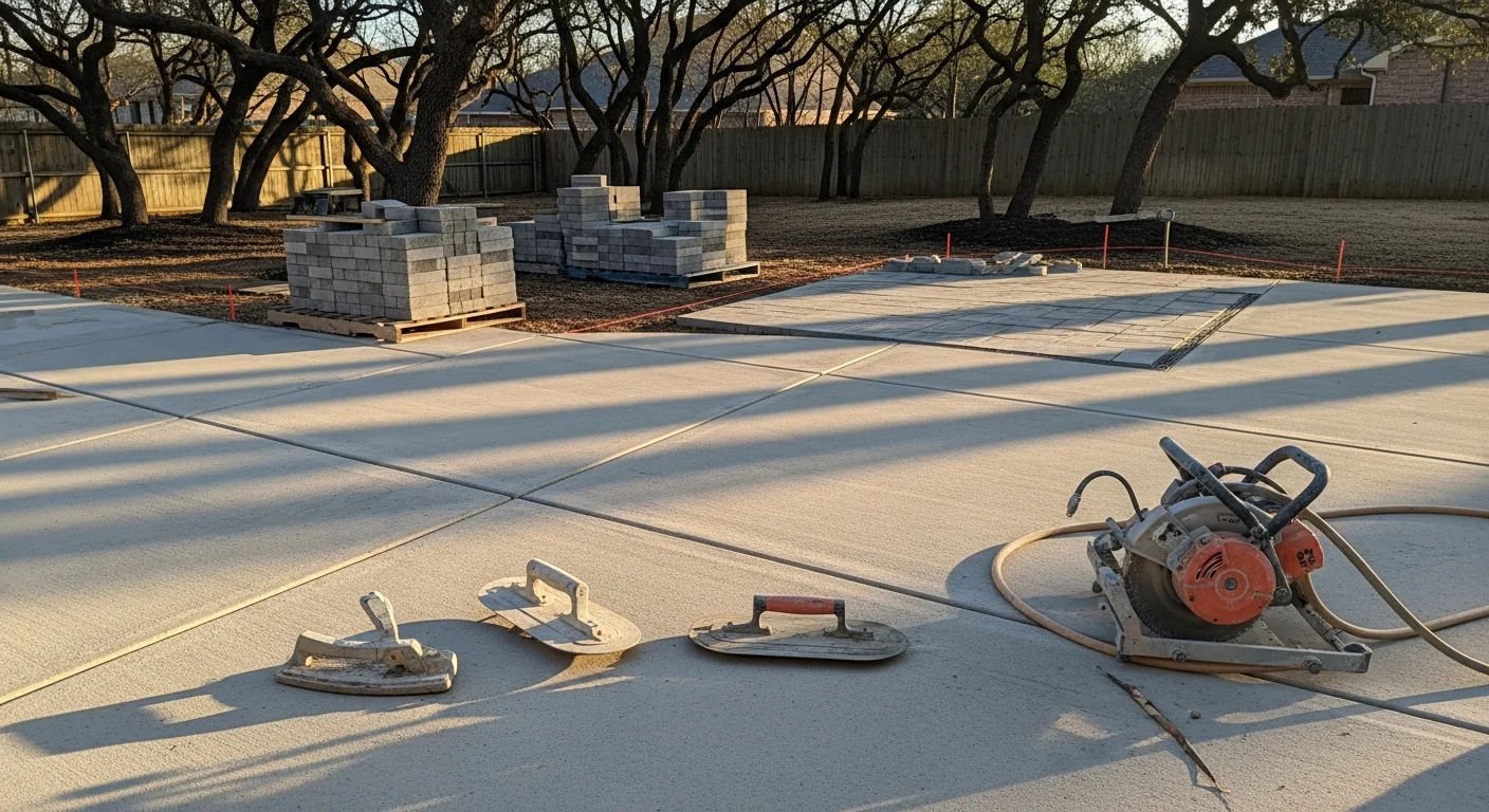 A finished concrete patio with a covered structure and outdoor kitchen area in a Richardson, TX residential backyard. The hardscape surface shows a clean stamped concrete finish under a shade structure designed for North Texas outdoor use.