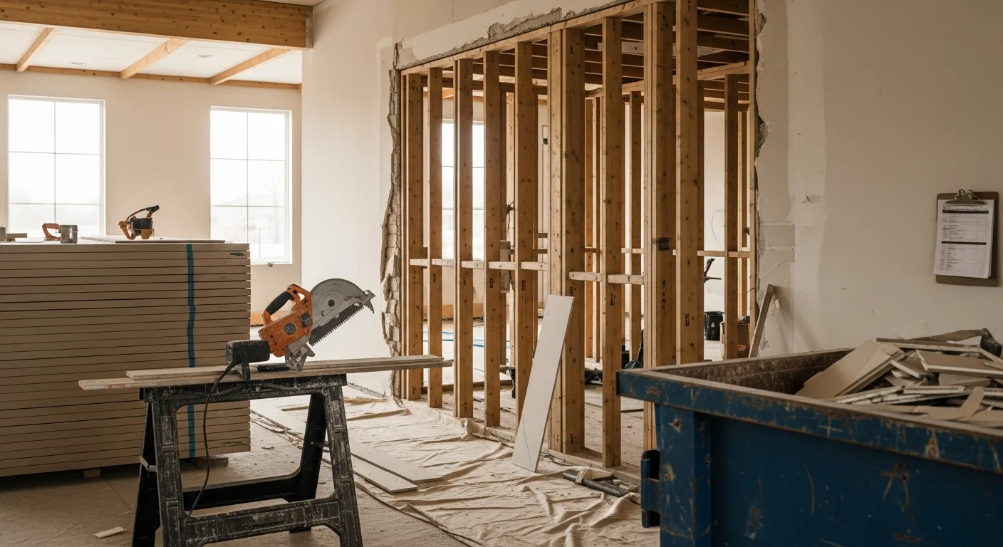 Interior of a Richardson, TX property mid-selective demolition, with framing exposed after wall and ceiling removal while adjacent finished surfaces remain undamaged. Debris is staged in a contained area near the work zone, ready for haul-off.