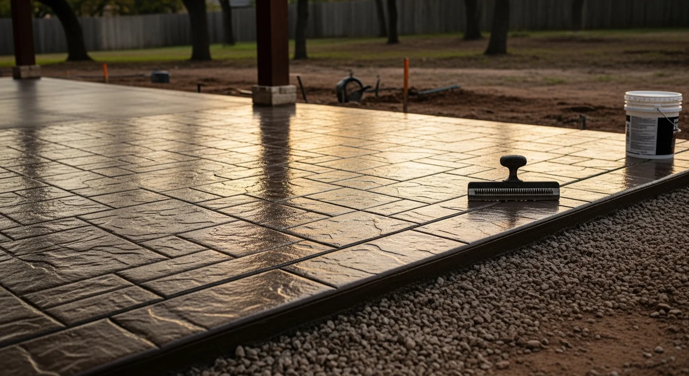 A freshly installed stamped concrete patio behind a residential home in Richardson, TX, featuring a slate-pattern surface with warm earth-tone coloring. The slab extends from the back door toward the yard, showing clean edges and a sealed finish.