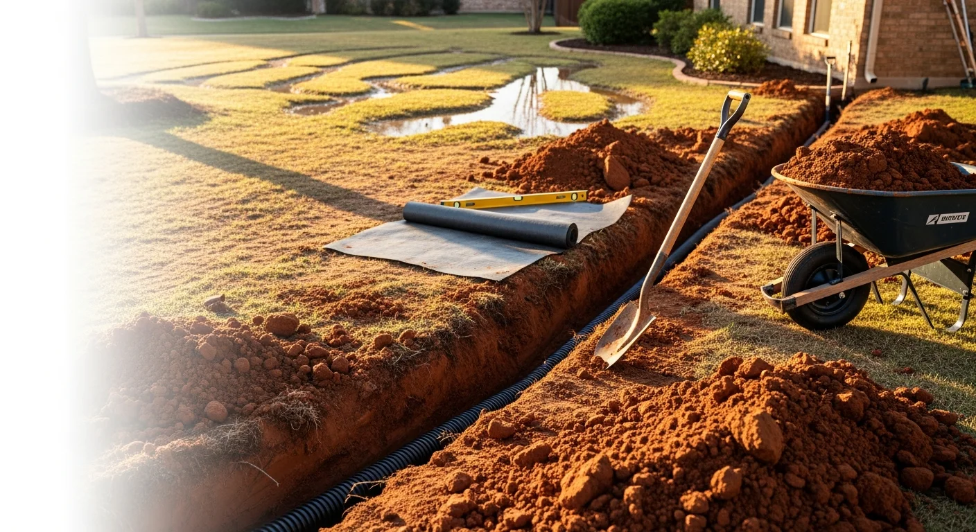 A completed French drain installation in a Richardson, TX backyard, showing a gravel-filled trench running along a clay-soil lawn toward a catch basin outlet. The surrounding grass is dry and level after a recent rain event.