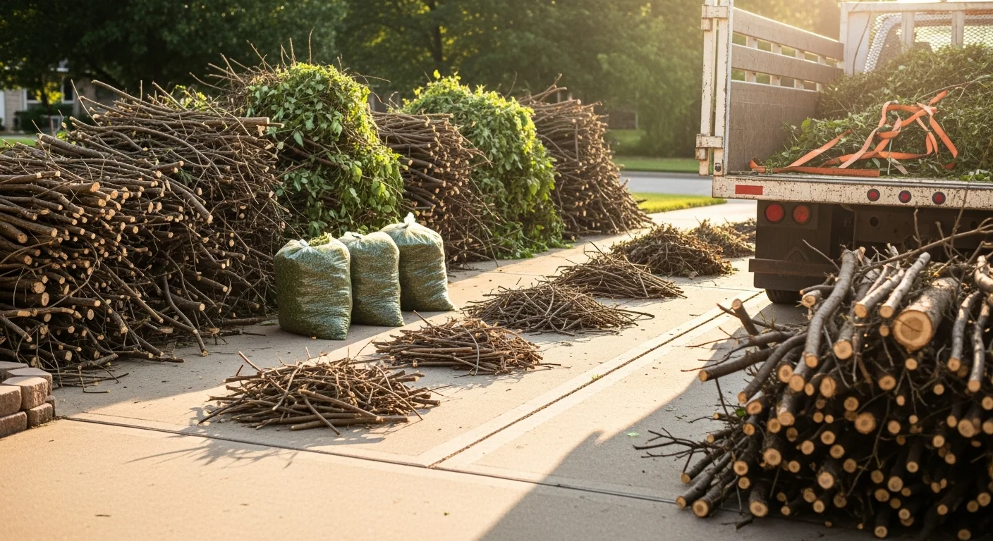 A cleared Richardson, TX residential backyard after yard waste removal, with a truck bed loaded with branches, brush, and leaf debris. The property shows an open, debris-free lawn ready for use.